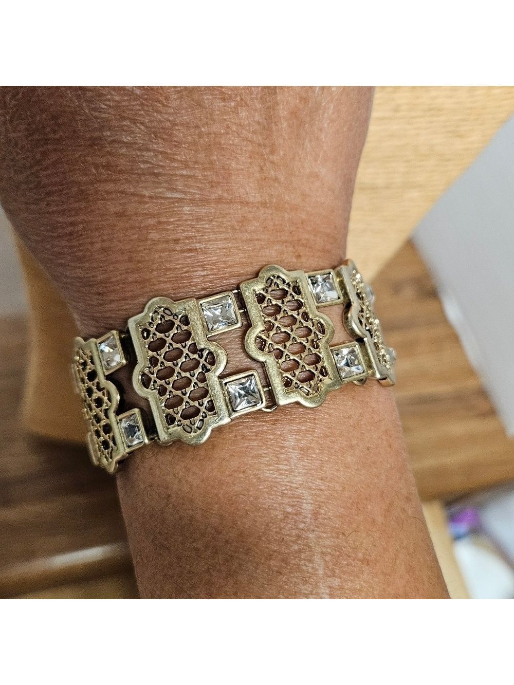 Vintage KF (Kirk's Folley) Gold-tone Mesh Panel Bracelet with Crystal Accents